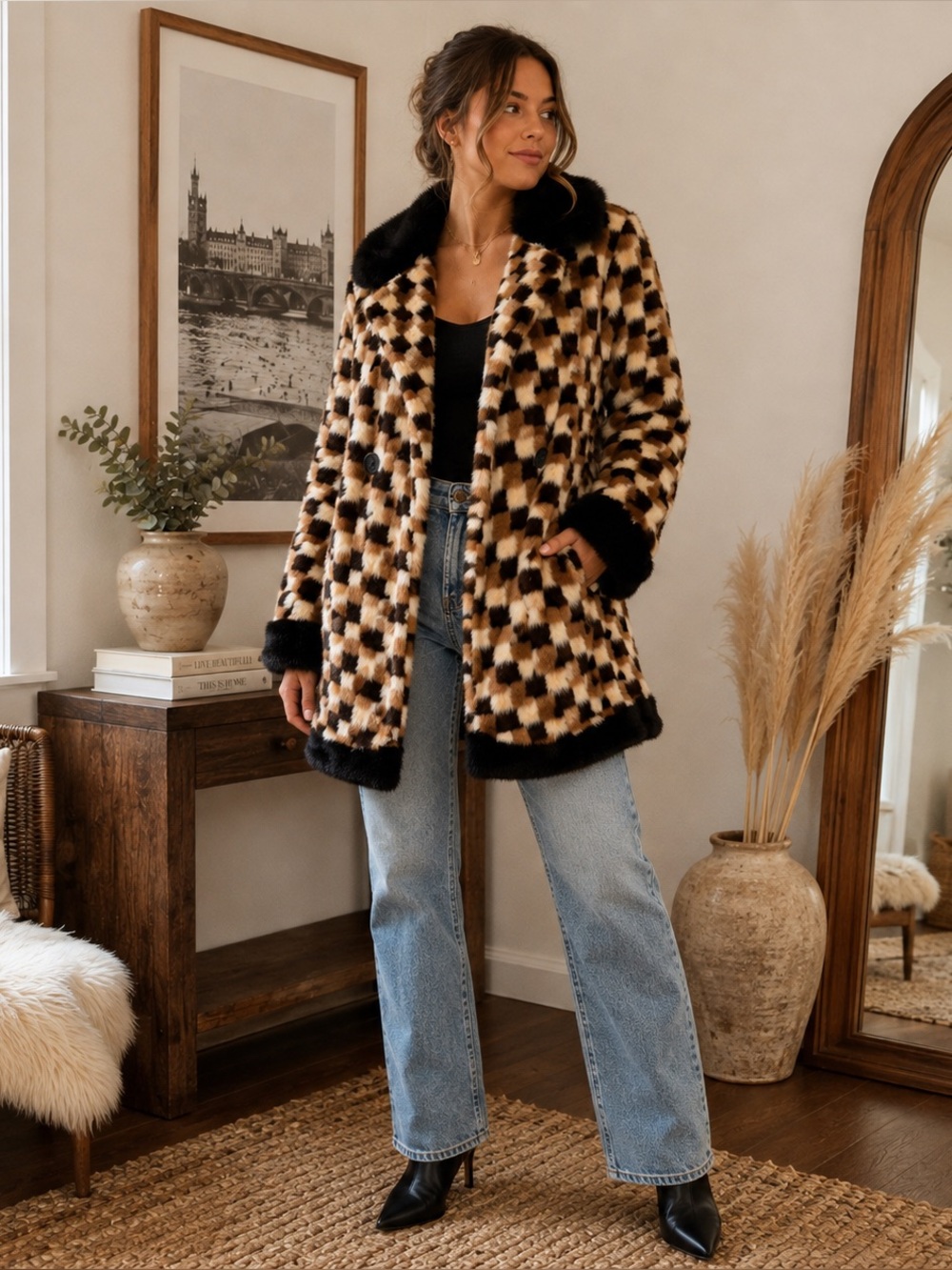 Vintage Barbatsuly Bros Mink Fur Coat Checkerboard Black Trim Glam Sz Small